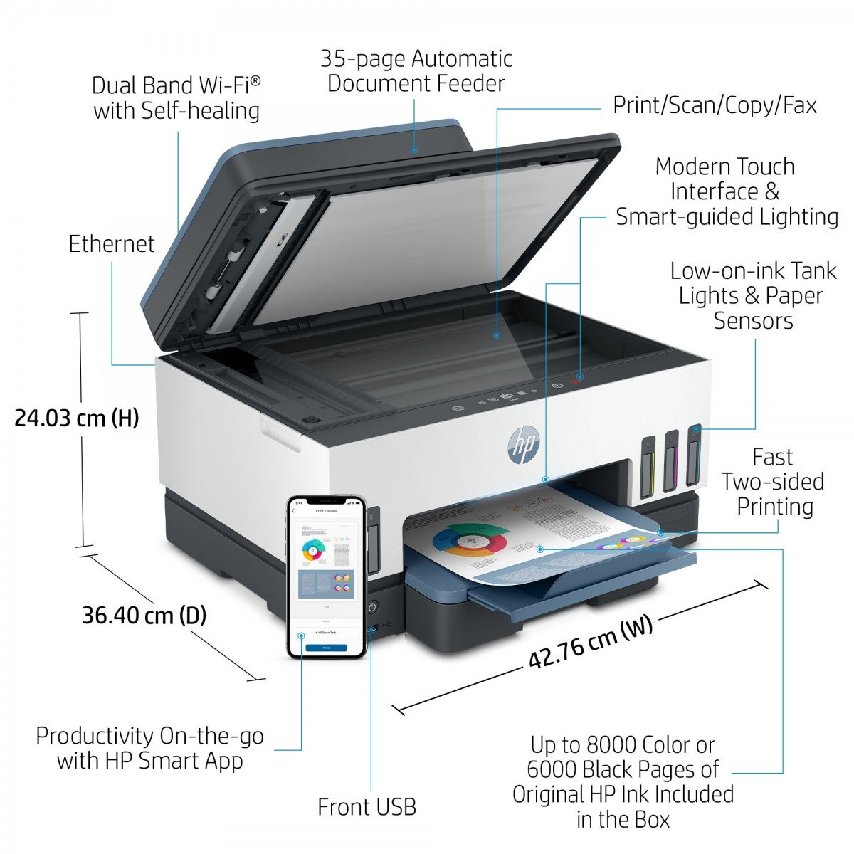 HP Smart Tank Imprimante tout-en-un 7605, Impression, copie, numérisation, télécopie, chargeur automatique de documents et sans fil, Chargeur automatique de doc