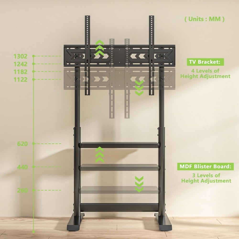 "Techly ICA-TR130BK Support de sol pour TV 60-86"" jusqu'a 68kg réglable avec étagere AV"