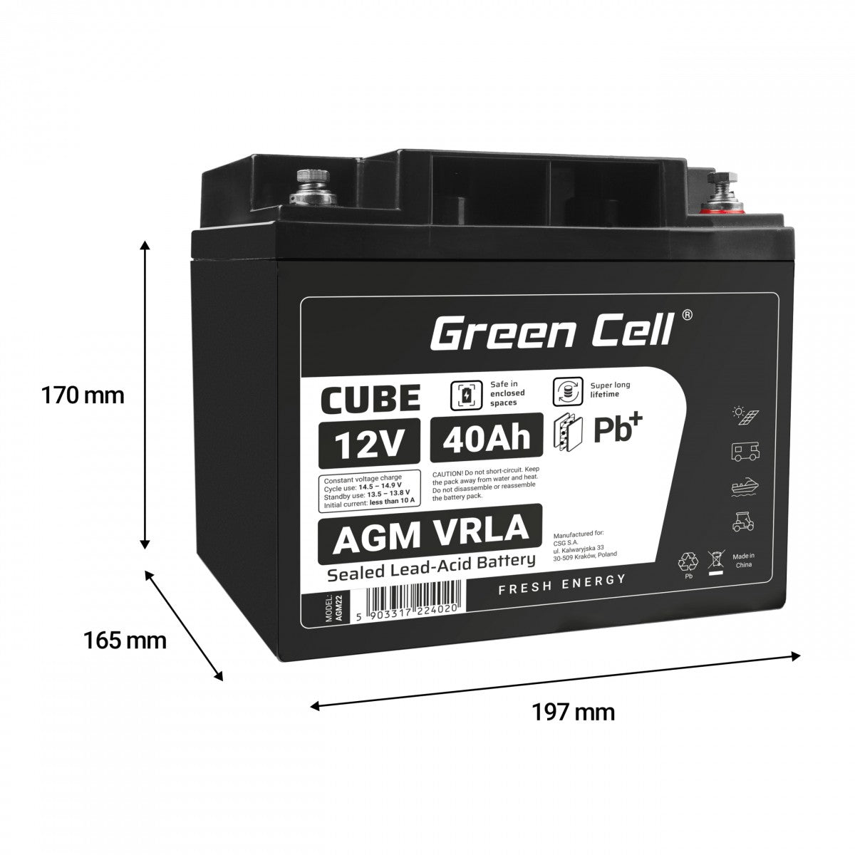 Batterie sans entretien Green Cell Cube AGM VRLA IP54 12V 40Ah pour tondeuses a gazon, scooters, bateaux et fauteuils roulants