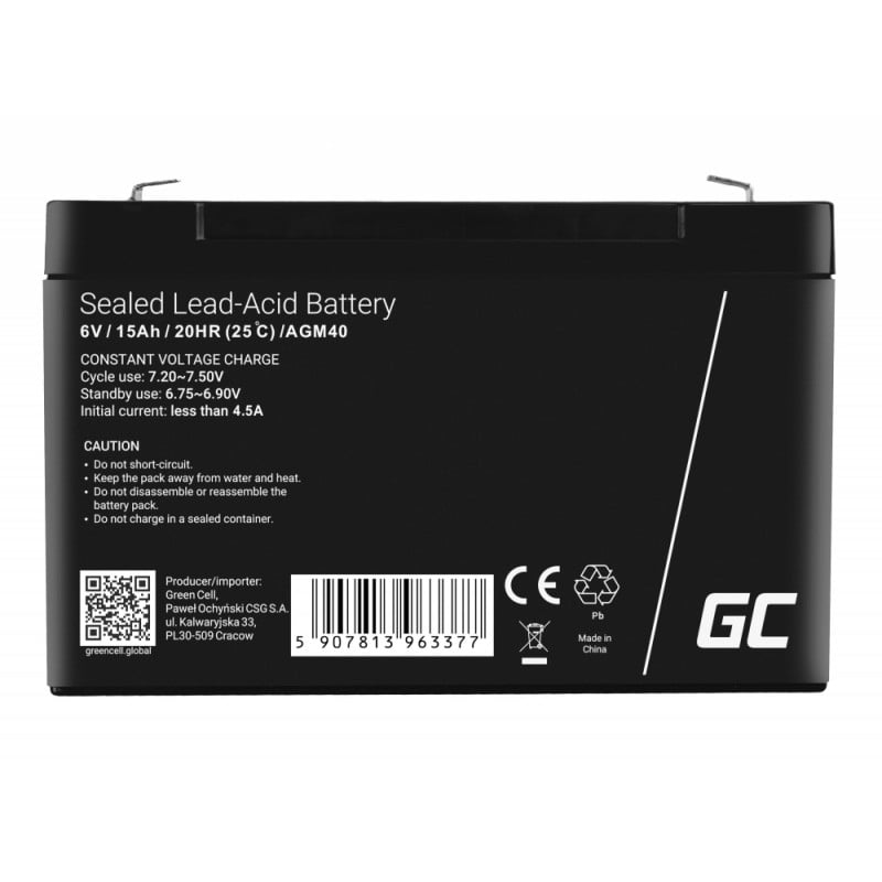 Green Cell AGM40 - 6 V - 1 piece(s) - Noir - 15 Ah - 1,8 kg - 151 mm