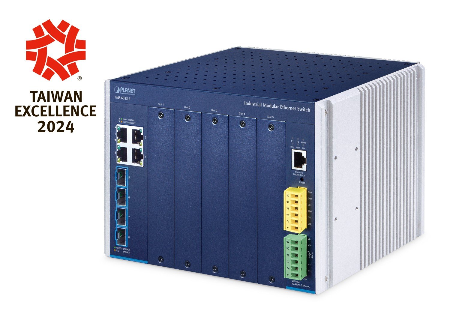 PLANET Industrial Layer 3 5-Slot Géré L3 Gigabit Ethernet (10/100/1000) Bleu, Métallique