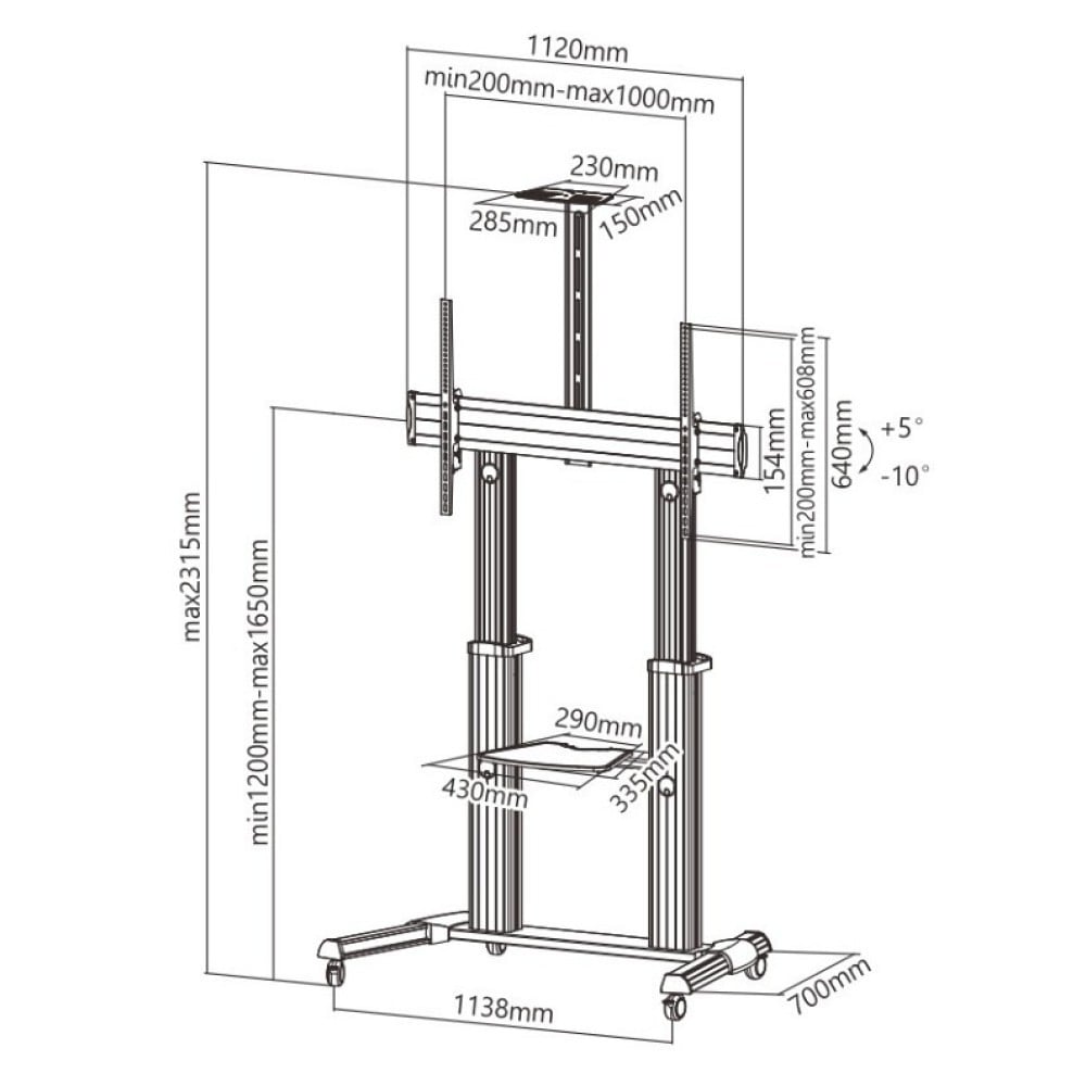 "Techly ICA-TR24 Support TV mobile 60-100"" jusqu'a 100kg réglable 2 étageres"
