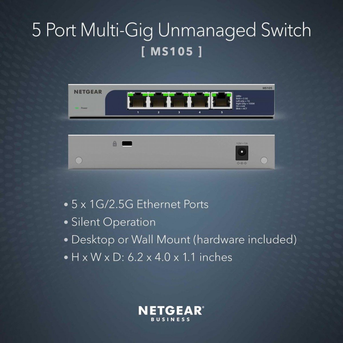 NETGEAR MS105 5-port multi-gig 2.5G Unmanaged Switch Metal Housing Fanless for Desktop and Wall Mounting
