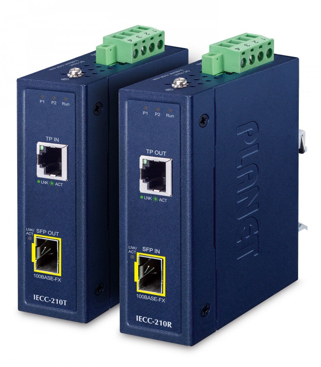 Planet IECC-210-KIT Industrial EtherCAT Media Converter Kit (IECC-210T + IECC-210R, -40~75 degrees C, Dual 9~48V DC, 1 x 100TX RJ45, 1 x 100FX SFP,  BECKHOFF Et