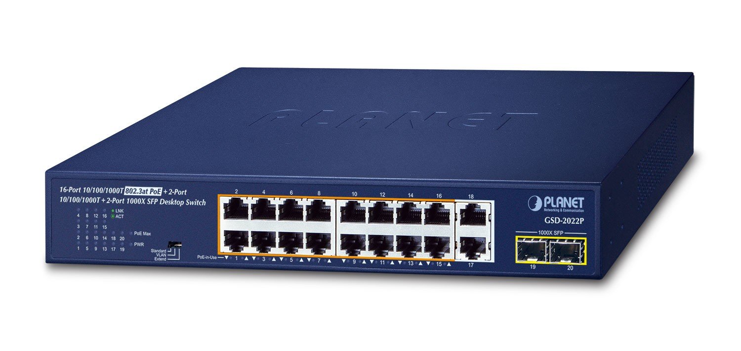 PLANET 16-Port 10/100/1000T 802.3at Non-géré Gigabit Ethernet (10/100/1000) Connexion Ethernet, supportant l'alimentation via ce port (PoE) Bleu