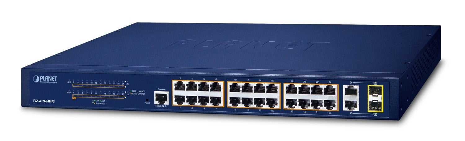 PLANET FGSW-2624HPS commutateur réseau Géré L2/L4 Gigabit Ethernet (10/100/1000) Connexion Ethernet, supportant l'alimentation via ce port (PoE) 1U Bleu