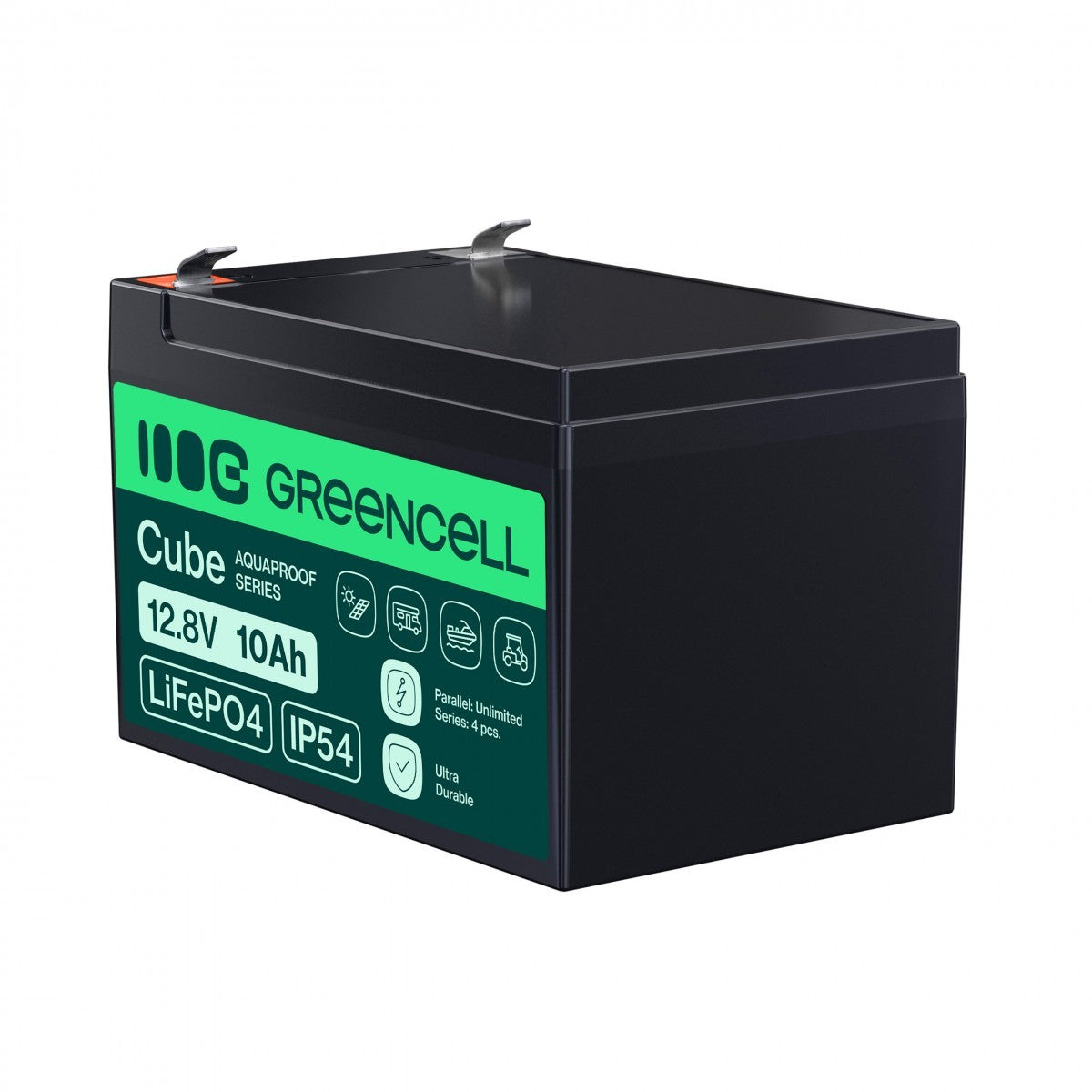 Green Cell LFPGC12V10AH CUBE Batterie LiFePO4 10Ah 12.8V 128Wh Lithium-Fer-Phosphate pour alimentation de secours et éclairage, centrales d'alarme