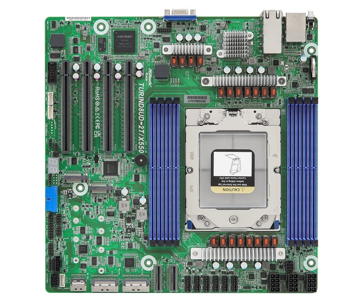 ASRock TURIND8UD-2T/X550, 1xSKT SP5, AMD EPYC 9005, SoC, SATA, NVMe, 2xM.2, 2x10GbE, IPMI