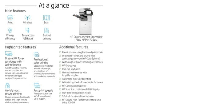 HP LaserJet Enterprise Flow MFP M776zs MFP colour laser 297x864mm 46ppmcopy 46ppmprint 1750 sheets USB 2.0 LAN Wi-Fi USB 2.0