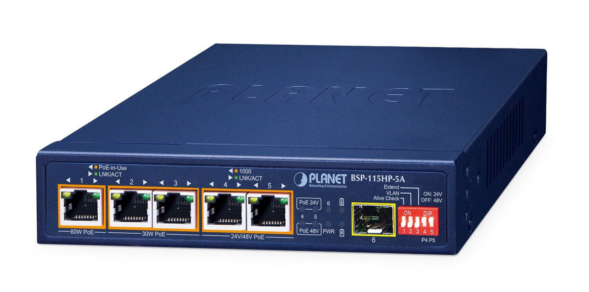 PLANET BSP-115HP-5A commutateur réseau Non-géré Gigabit Ethernet (10/100/1000) Connexion Ethernet, supportant l'alimentation via ce port (PoE) Bleu