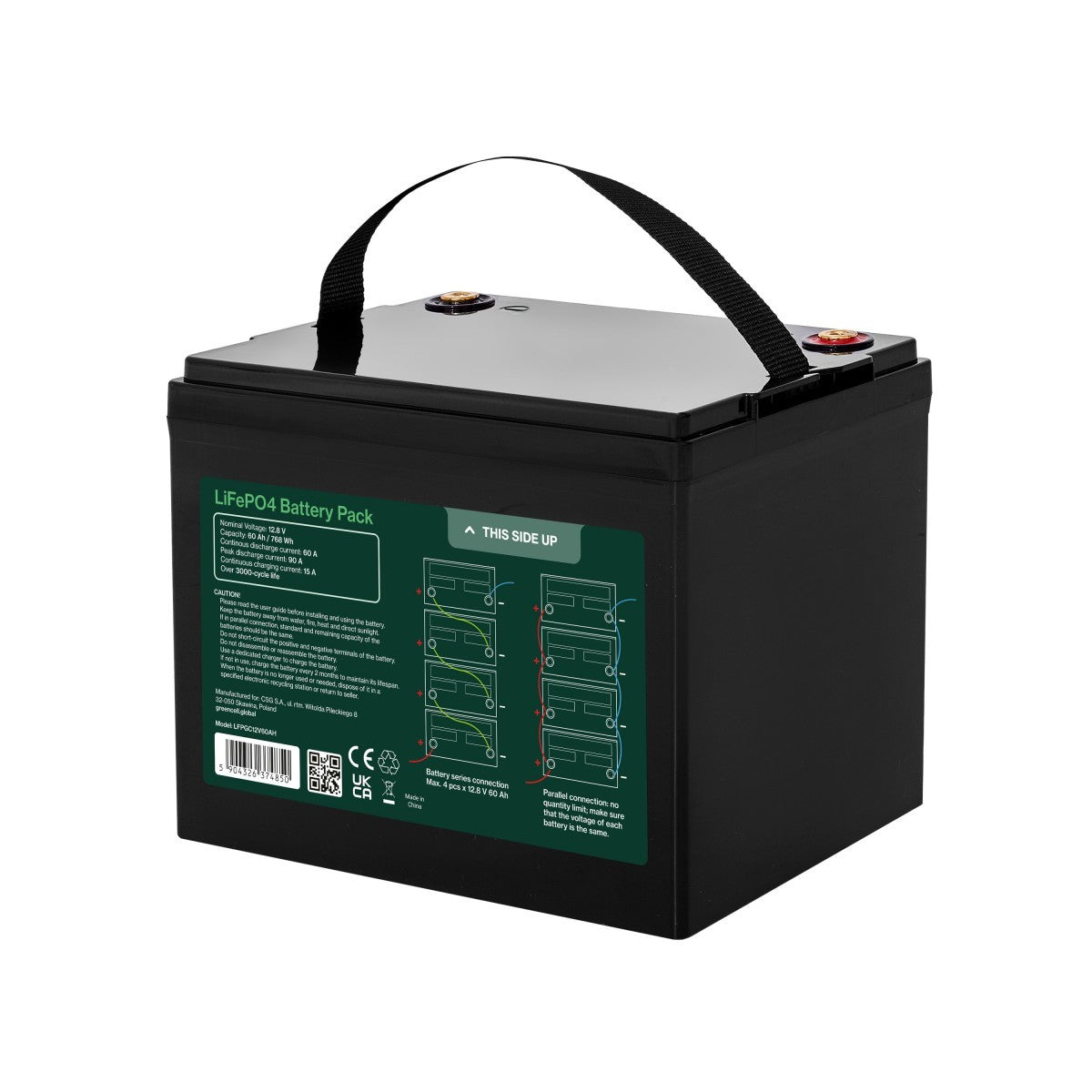 Green Cell LFPGC12V60AH CUBE Batterie LiFePO4 60Ah 12.8V 768Wh Lithium-Fer-Phosphate pour Moteurs électriques, Camping-car, Vérins