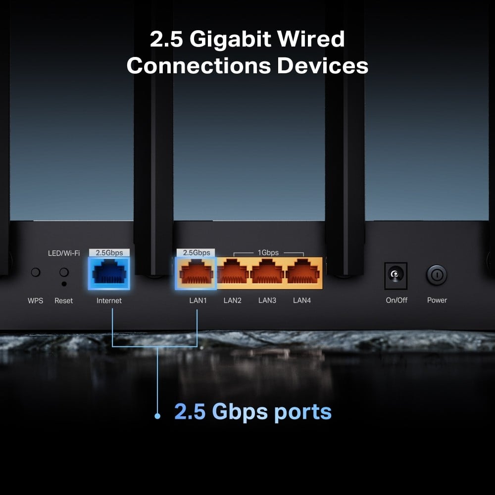 TP-LINK BE6500 Dual-Band Wi-Fi 7 Router 688Mbps at 2.4GHz + 5764Mbps at 5GHz 6xAntennas 2.0 GHz Quad-Core CPU 1x2.5Gbps WAN port