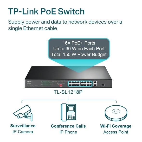 TP-LINK 16-Port 10/100Mbps + 2-Port Gigabit Rackmount Switch with 16-Port PoE+