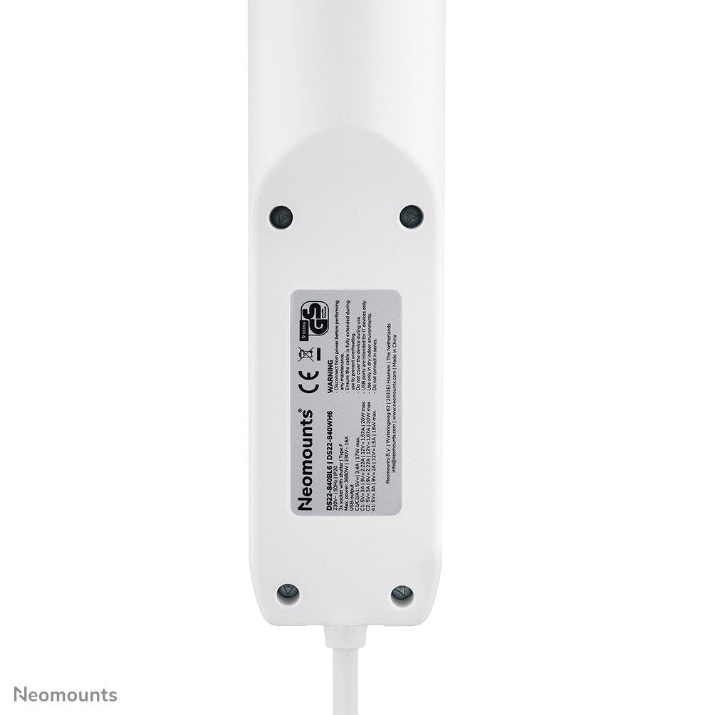 NEOMOUNTS VOLT Desk Clamp socket with Quick-charge USB Ports clamp 0-50mm 3x type-F 230V 1x USB-A 18W 2x USB-C 20W