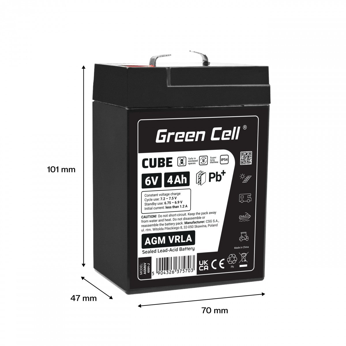 Batterie sans entretien Green Cell Cube AGM VRLA IP54 6V 4Ah pour systemes d'alarme, caisses enregistreuses, jouets