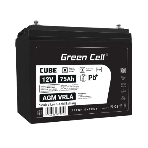 Batterie sans entretien Green Cell Cube AGM VRLA IP54 12V 75Ah pour camping-cars, photovoltaiques, panneaux solaires et bateaux