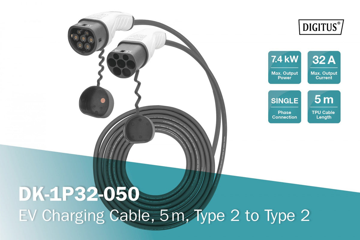 DIGITUS DK-1P32-050 Câble de charge pour véhicules électriques EV, Type 2 - Type 2, monophasé 240V, 32A, 7.4kW, 5m