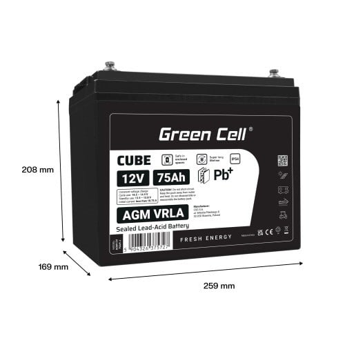 Batterie sans entretien Green Cell Cube AGM VRLA IP54 12V 75Ah pour camping-cars, photovoltaiques, panneaux solaires et bateaux