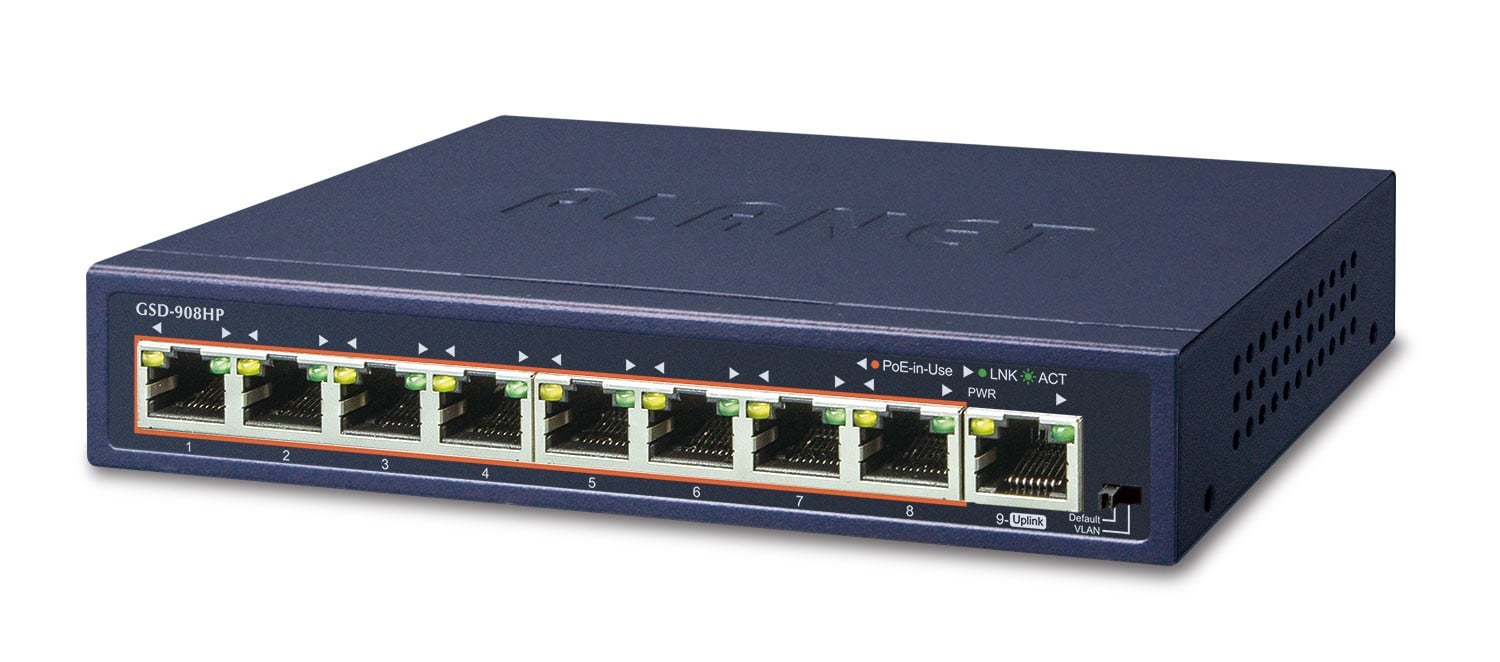 PLANET GSD-908HP commutateur réseau Non-géré Gigabit Ethernet (10/100/1000) Connexion Ethernet, supportant l'alimentation via ce port (PoE) Bleu
