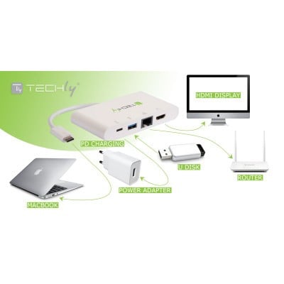 Techly IADAP USB31-DOCK1 Adaptateur USB-C vers HDMI 4K, USB-A 3.0, RJ45 Gigabit, USB-C PD
