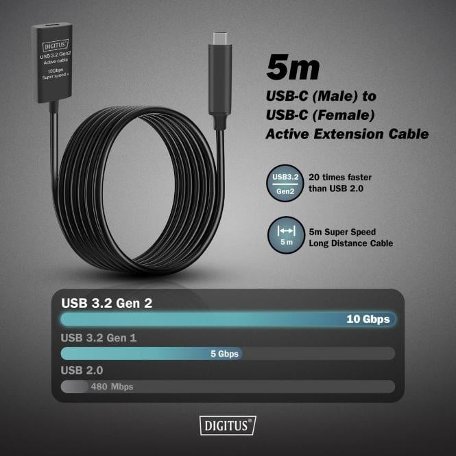 Câble d'extension actif, USB 3.2 Gen2, 10Gbps, USB-C - USB-C, 5m