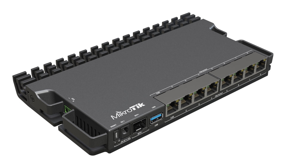 Mikrotik RouterBORD 5009UPr+S+IN with Marvell Armada ARMv8 CPU (4-cores, 1.4GHz per core), 1GB of DDR4 RAM, 1GB NAND storage, 1x 2.5Gbit LAN (802.3af/at PoE-out