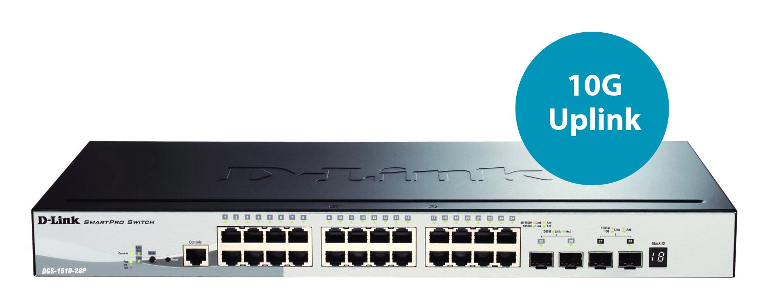 D-Link DGS-1510-28P commutateur réseau Géré L3 Gigabit Ethernet (10/100/1000) Connexion Ethernet, supportant l'alimentation via ce port (PoE) Noir