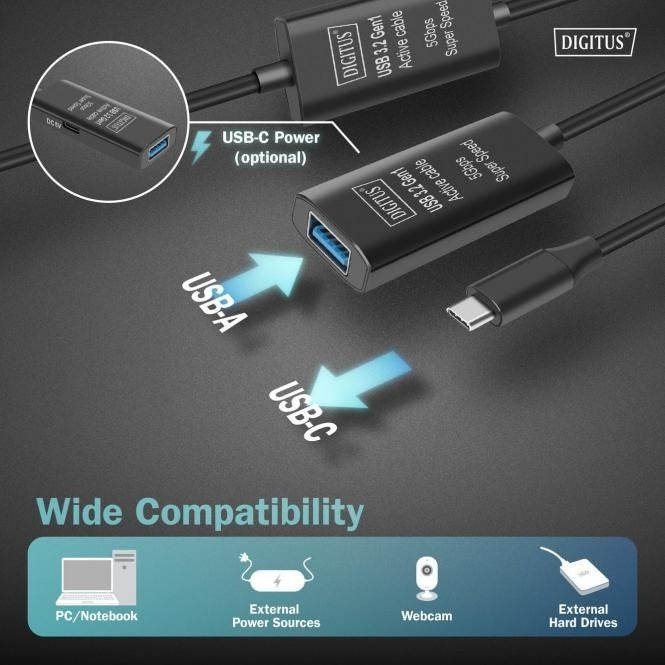 Câble d'extension actif, USB 3.2 5Gbps, USB-C - USB-A, 10m