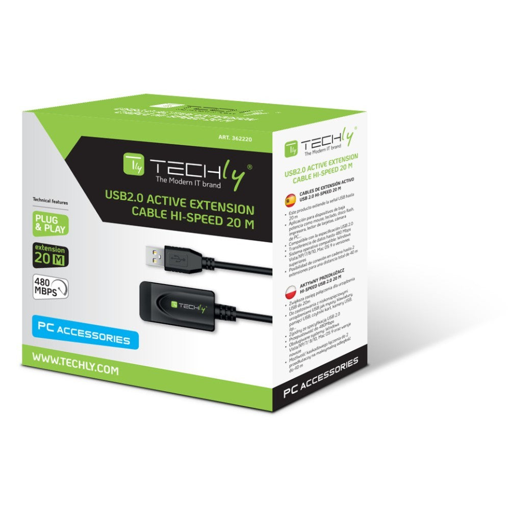 Techly IUSB-REP220TY3 Câble d'extension actif USB 2.0 USB-A mâle vers USB-A femelle 20m