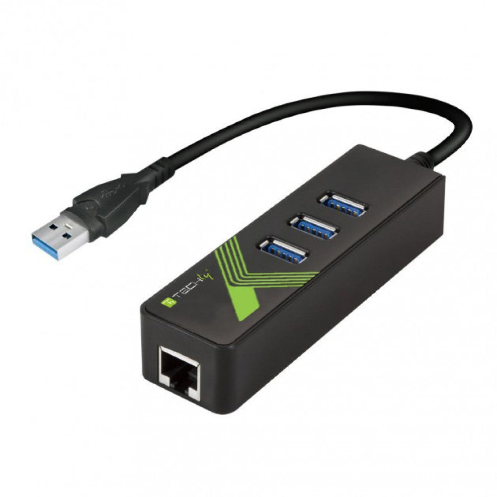 Techly IDATA USB-ETGIGA-3U2 Carte réseau/Adaptateur USB 3.0 vers RJ45 Gigabit, hub 3x USB 3.2