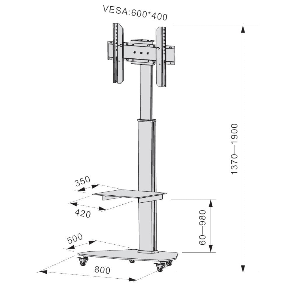 "Techly ICA-TR3SL Support TV mobile 37-70"" jusqu'a 40kg réglable 2 étageres"