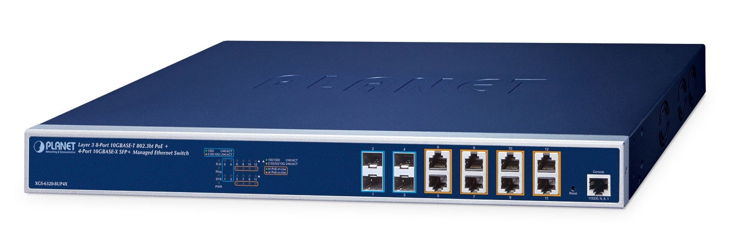PLANET Layer 3 8-Port 10GBASE-T 95W Géré L3 10G Ethernet (100/1000/10000) Connexion Ethernet, supportant l'alimentation via ce port (PoE) 1U Bleu