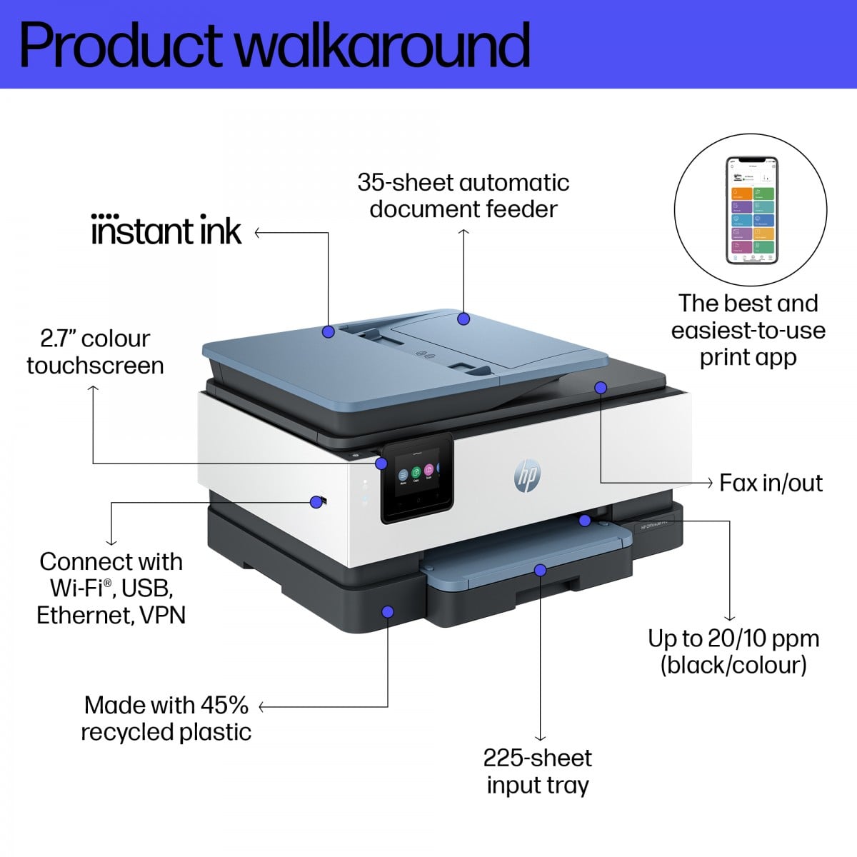HP Officejet Pro 8125e All-in-One MFP colour inkjet A4 12ppm Copy 20ppm Print 225sheets USB Wi-Fi LAN dark surf blue