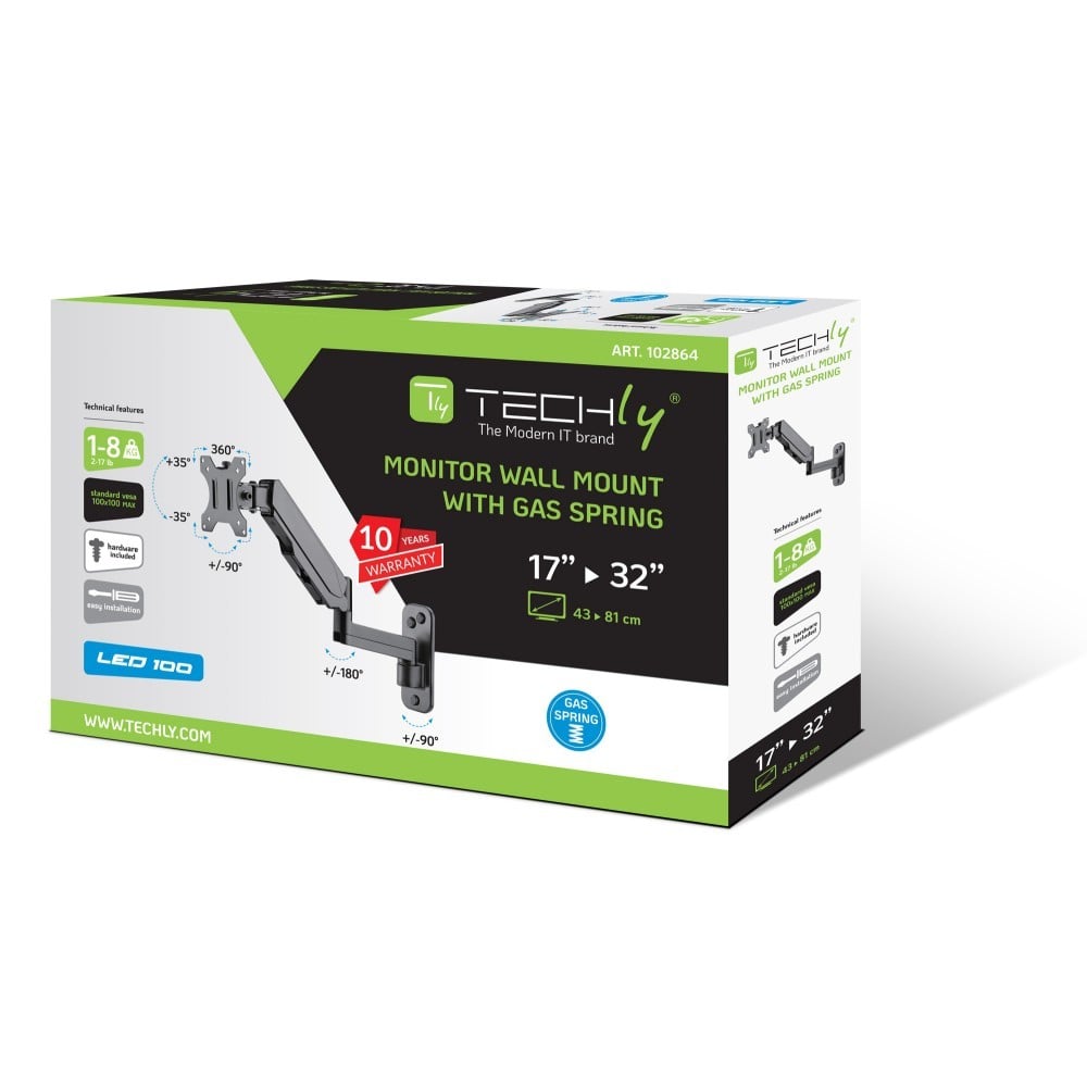"Techly ICA-LCD G112 Support mural pour TV 17-32"" LED/LCD 8kg pivotant a gaz"