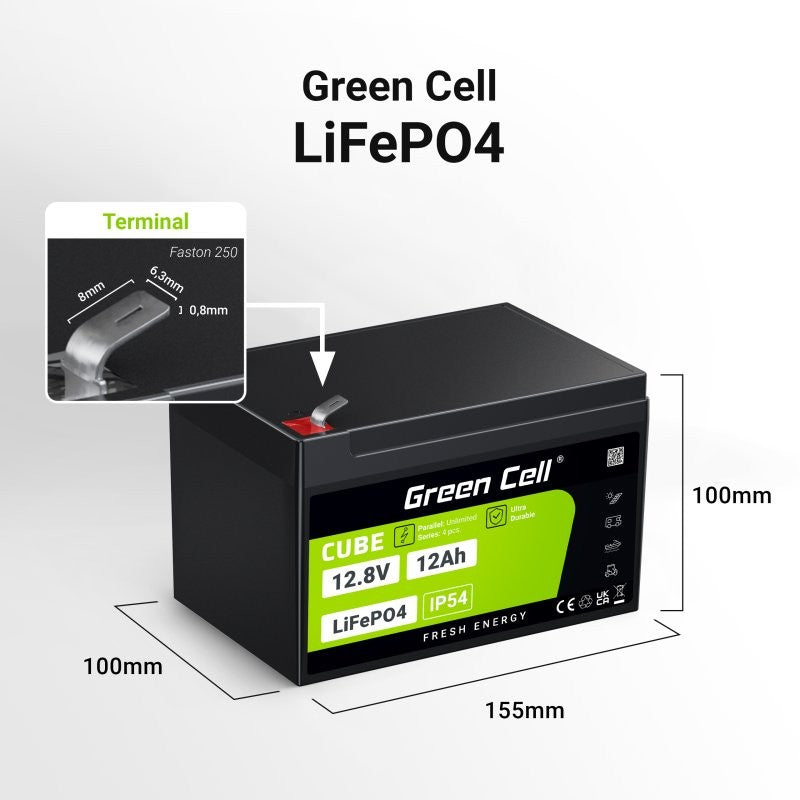Green Cell LFPGC12V12AH CUBE Batterie LiFePO4 12Ah 12.8V 153.6Wh Lithium-Fer-Phosphate pour Fauteuil roulant, Jouets, Scooter