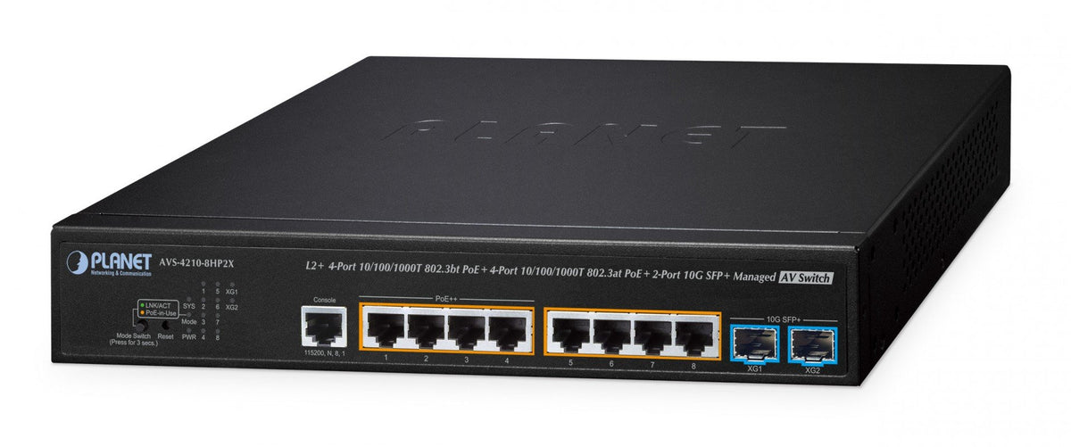 PLANET L2+ 4-Port 10/100/1000T 802.3bt PoE + 4-Port 10/100/1000T 802.3at PoE + 2-Port 10G SFP+ Managed AV Switch Géré L2+ Connexion Ethernet, supportant l'alime