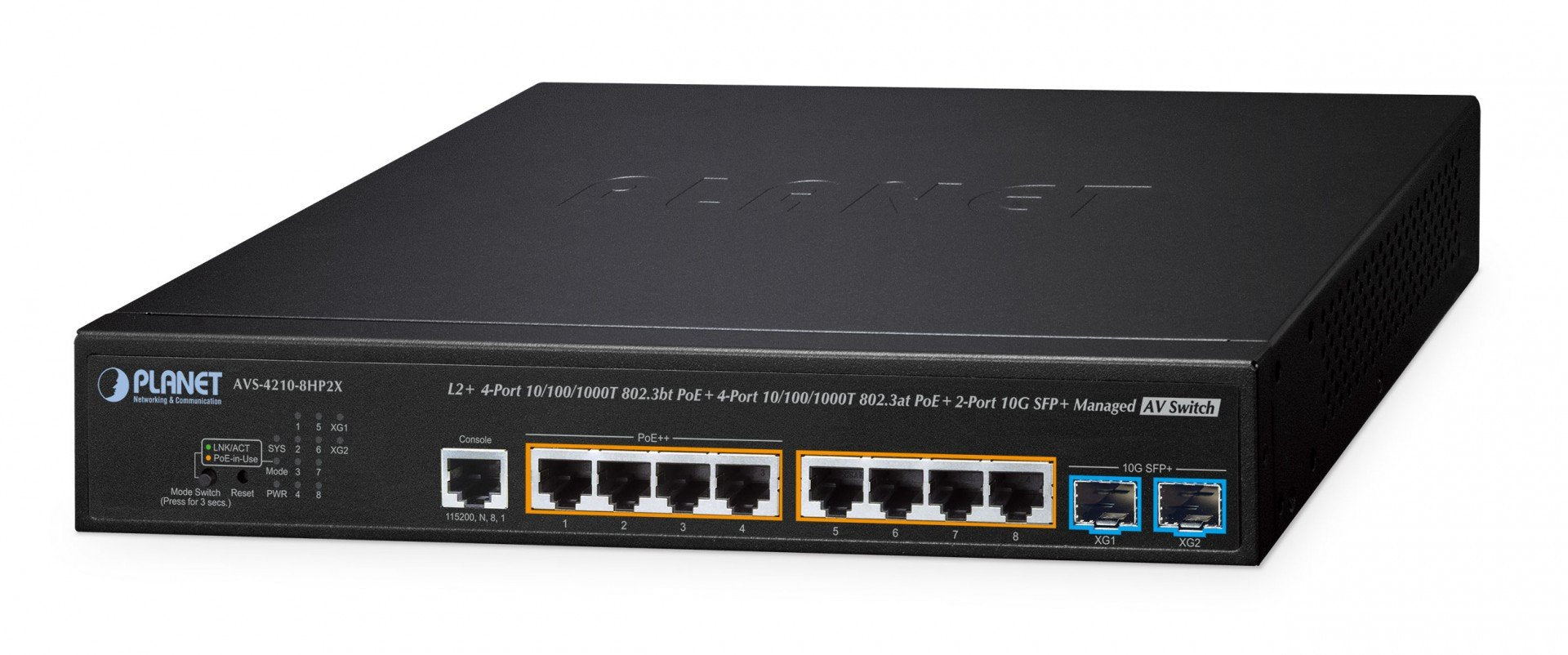 PLANET L2+ 4-Port 10/100/1000T 802.3bt PoE + 4-Port 10/100/1000T 802.3at PoE + 2-Port 10G SFP+ Managed AV Switch Géré L2+ Connexion Ethernet, supportant l'alime