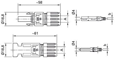 Ensemble connecteur MC4 Multi-Contact PV-KBT 4/6I-UR (+) et PV-KST4/6I-UR (-) de Staubli / plage de diametre extérieur de câble 5,5-7,4mm