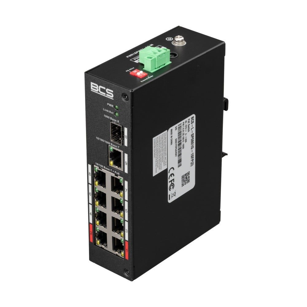 BCS BCS-L-SP0801G-1SFP(2) Commutateur PoE industriel 8 ports sur rail DIN avec technologie exPoE 96W