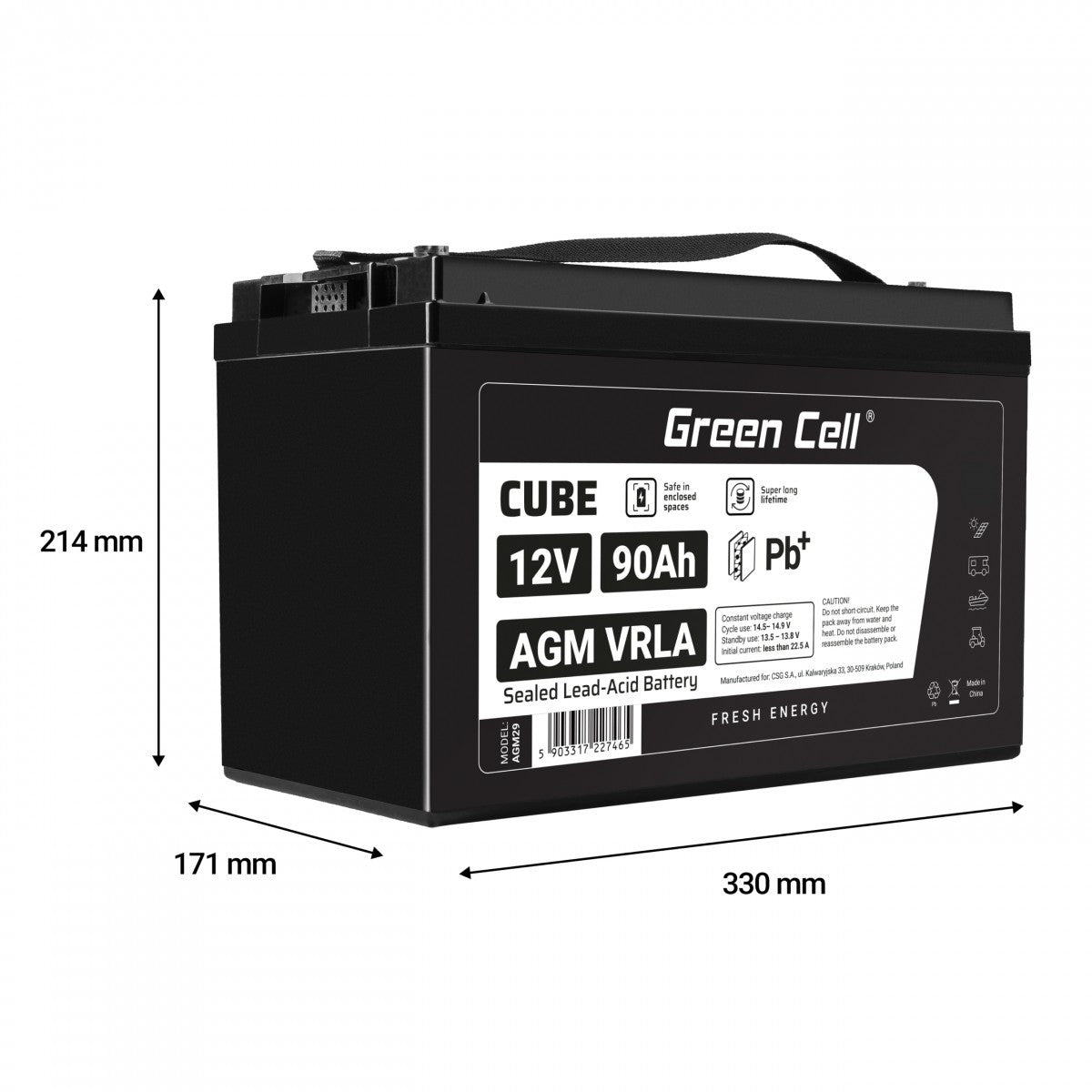 Batterie sans entretien Green Cell Cube AGM VRLA IP54 12V 90Ah pour camping-cars, photovoltaiques, panneaux solaires et bateaux