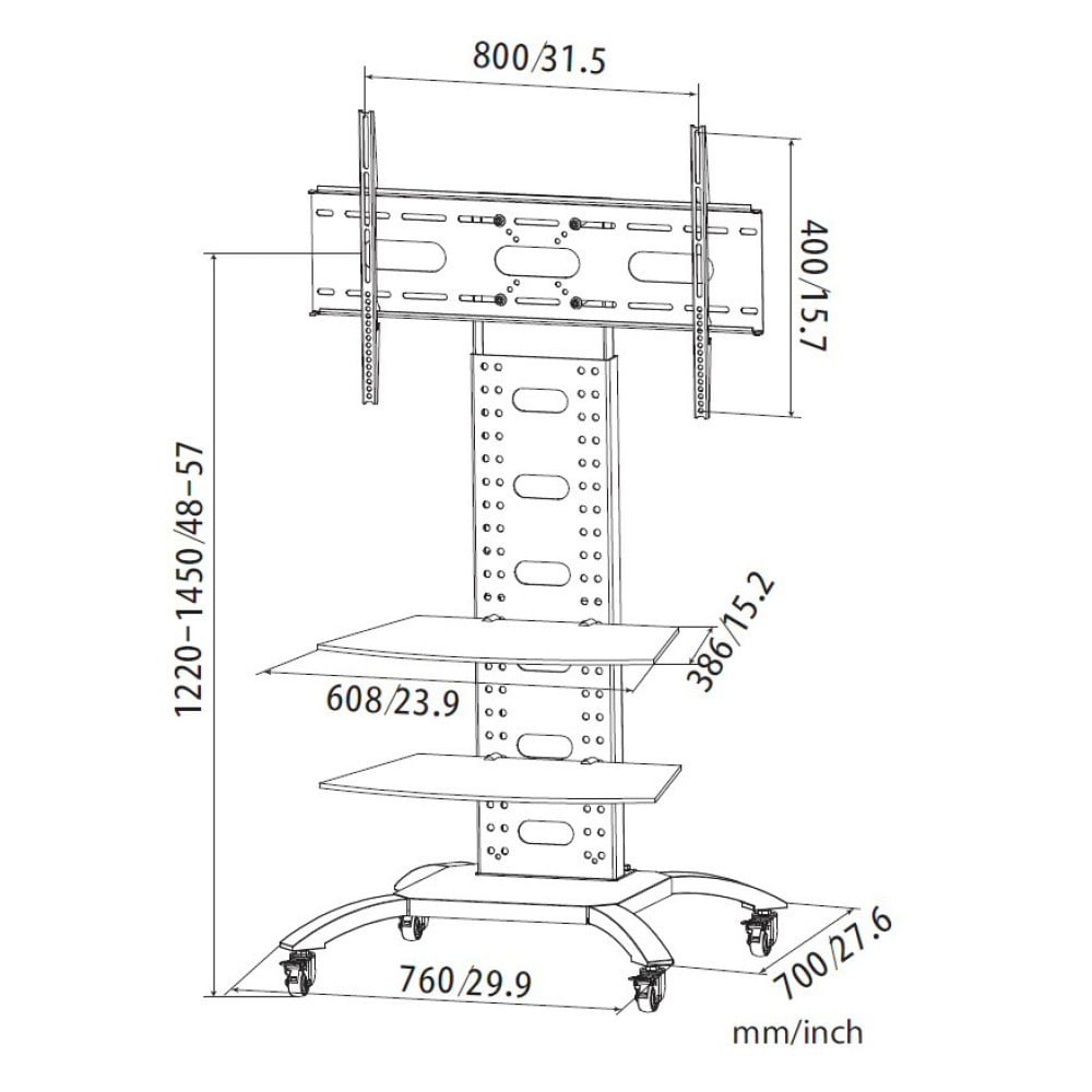 "Techly ICA-TR8 Support TV mobile 32-70"" jusqu'a 40kg réglable 2 étageres"