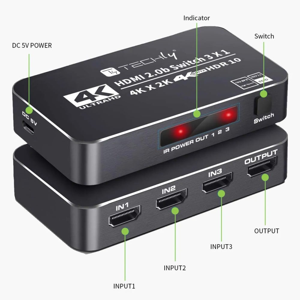 Techly IDATA HDMI2-4K3160B Commutateur HDMI 2.0b 3x1 4K60Hz avec télécommande