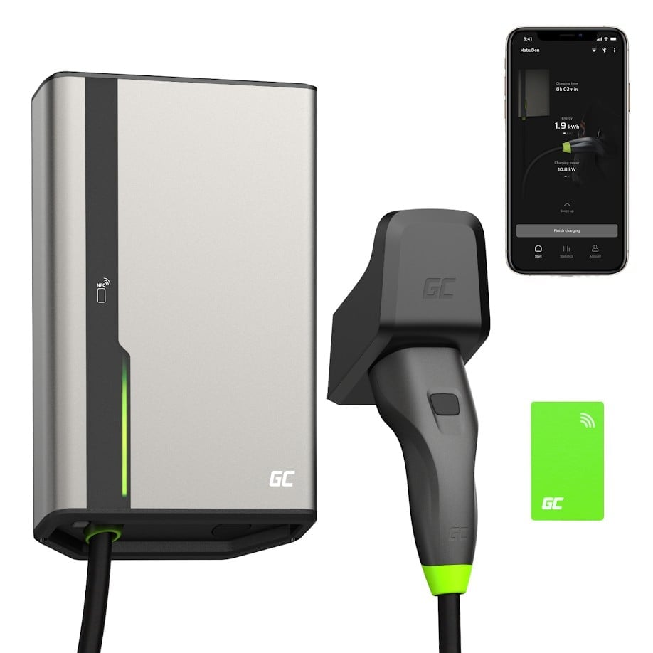 Green Cell EVGC021B2250 HabuDen Wallbox 22kW 32A 5m NFC Câble Type 2 Borne de recharge EV intelligente avec GC App Bluetooth WiFi