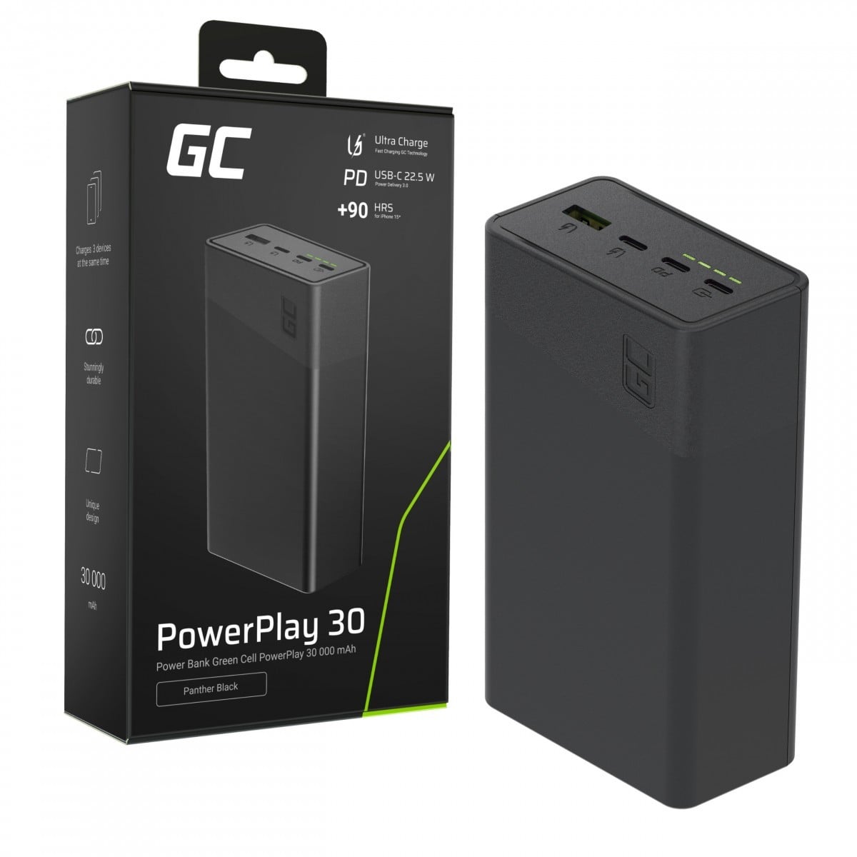 Green Cell PBGC30B PowerPlay 30 noir powerbank 30 000mAh 22.5W 4 ports