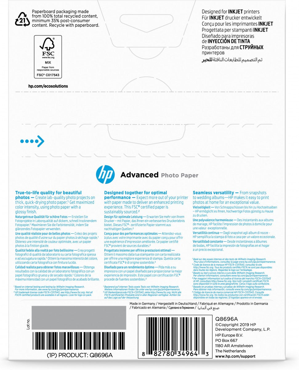HP original Advanced glossy photo paper Ink cartridge Q8696A 250g/m2 130x180mm 25 sheets 1-pack borderless