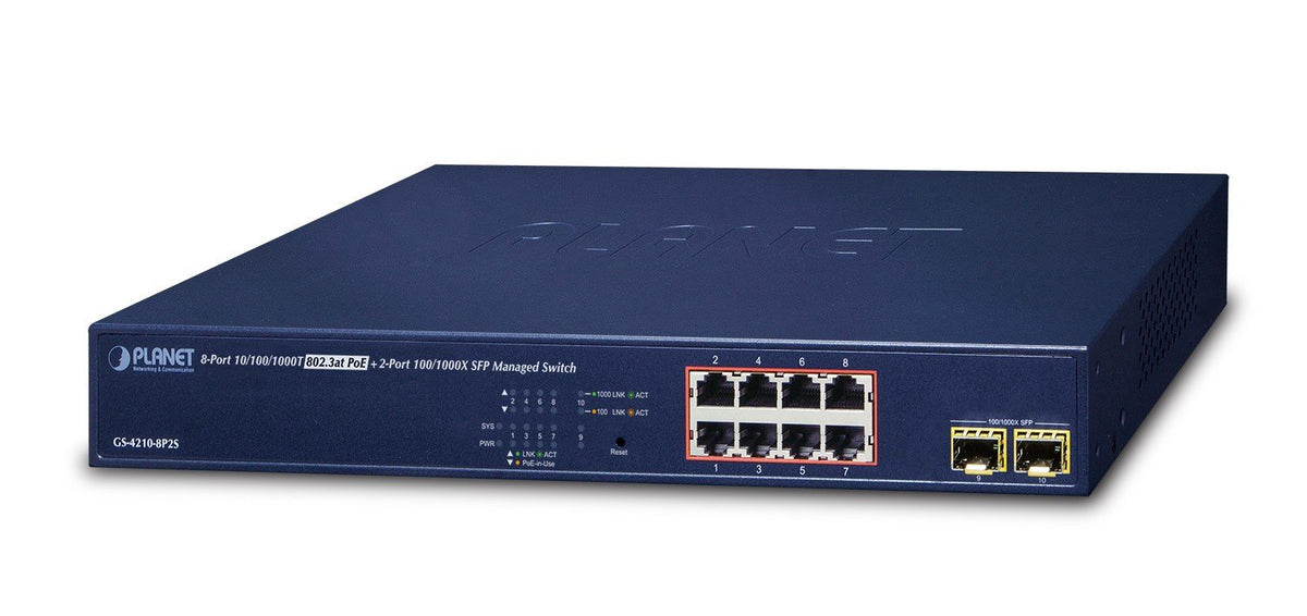 PLANET GS-4210-8P2S commutateur réseau Géré Gigabit Ethernet (10/100/1000) Connexion Ethernet, supportant l'alimentation via ce port (PoE) 1U Bleu