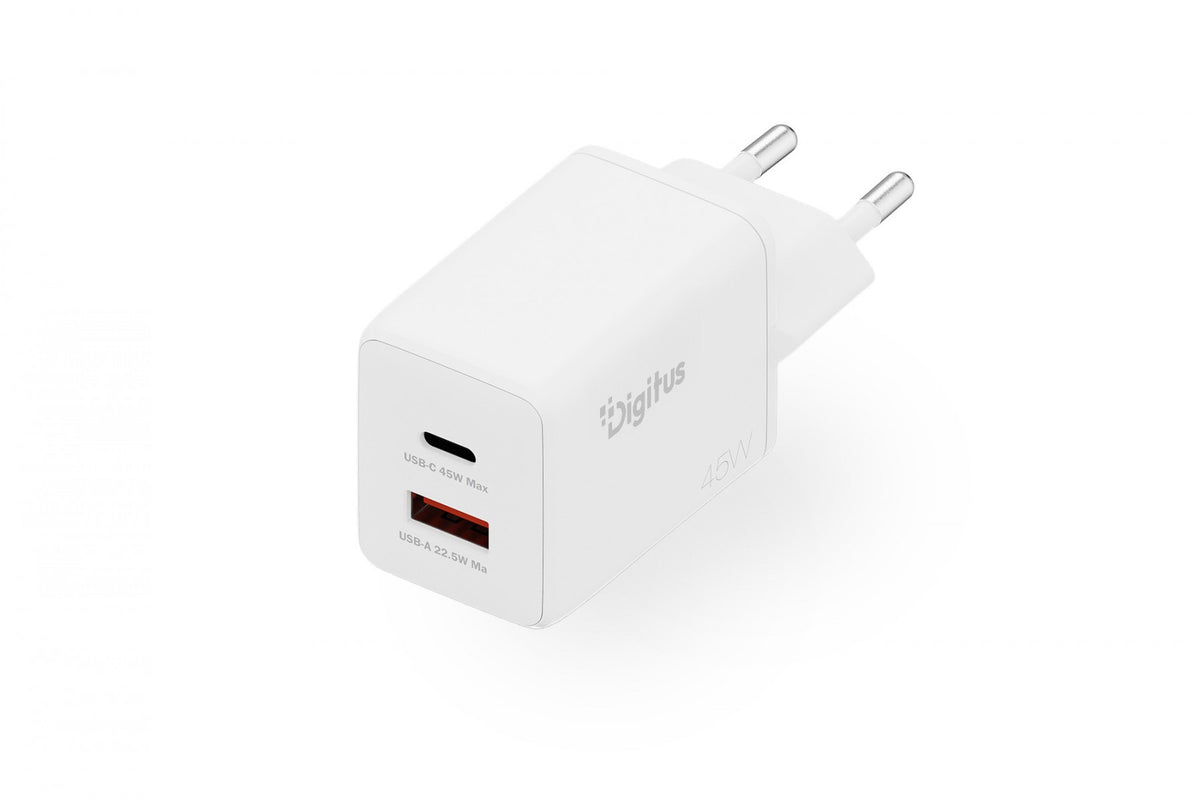 Chargeur mural Digitus DA-10302 GaN II 45W | 1x USB-C, 1x USB-A | PD 3.0, QC 3.0 | Blanc