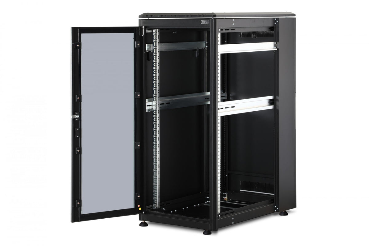 "Armoire réseau debout Unique 19"" 26U rack 600x1000, porte avant en verre, noir, 800kg 1342x600x1000 mm, couleur noire (RAL 9005)"