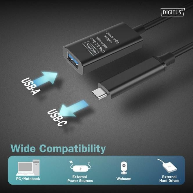 Câble d'extension actif, USB 3.2 Gen2, 10Gbps, USB-C - USB-A, 5m