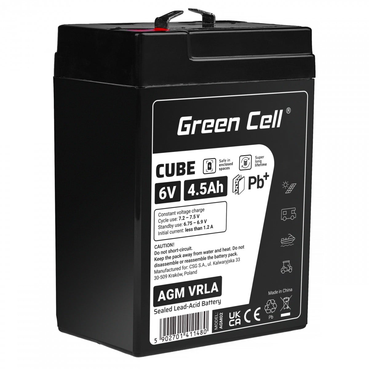 Batterie sans entretien Green Cell Cube AGM VRLA IP54 6V 4.5Ah pour systemes d'alarme, caisses enregistreuses, jouets